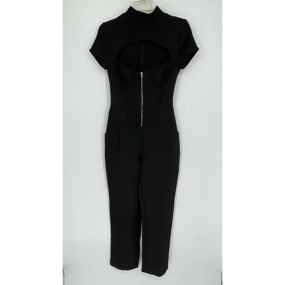 PrettyLittleThing Women's Black Stretch Cut Out Corset Zip Front Jumpsuit Size 2